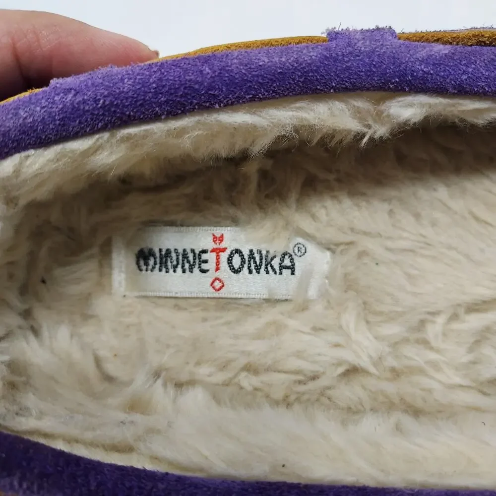 Minnetonka Purple Leather Moccasins Faux Fur Lining Size 2